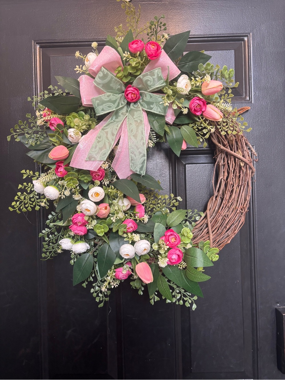Pink and Green Floral Grapevine Wreath with Ribbon Bow